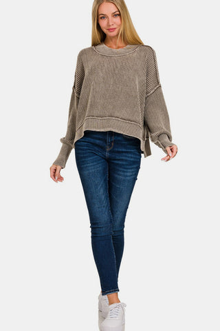 Shop Zenana Exposed Seam Round Neck Dropped Shoulder Sweater - High-Quality U.S. Made Women’s Fashion with Free & Fast Shipping