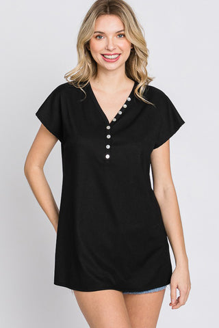 Shop Heimish Full Size Front Button V-Neck Short Sleeve T-Shirt - High-Quality U.S. Made Women’s Fashion with Free & Fast Shipping