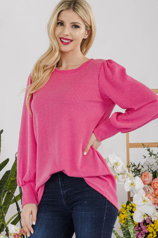 Shop FUCHSIA Celeste Full Size Striped Round Neck Lantern Sleeve Top - High-Quality U.S. Made Women’s Fashion with Free & Fast Shipping