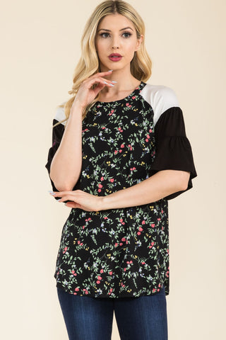 Shop Celeste Full Size Floral Contrast Bell Sleeve Top - High-Quality U.S. Made Women’s Fashion with Free & Fast Shipping