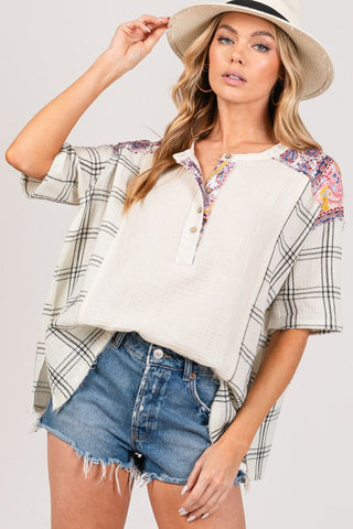 Shop Ivory SAGE + FIG Plaid Half Button Gauze Top - High-Quality U.S. Made Women’s Fashion with Free & Fast Shipping