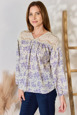 Shop Hailey & Co Full Size Lace Detail Printed Blouse - High-Quality U.S. Made Women’s Fashion with Free & Fast Shipping