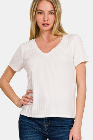 Shop Off White Zenana Ribbed Short Sleeve T-Shirt - High-Quality U.S. Made Women’s Fashion with Free & Fast Shipping