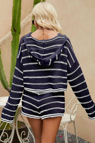 Shop Striped Openwork Knit Hoodie and Shorts Set - High-Quality U.S. Made Women’s Fashion with Free Fast Shipping