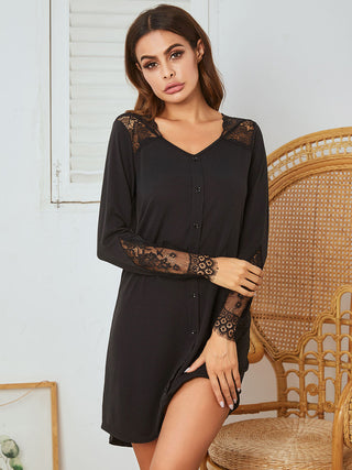 Shop Lace Detail Long Sleeve Mini Lounge Dress - High-Quality U.S. Made Women’s Fashion with Free Fast Shipping