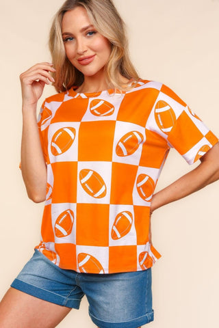 Shop Orange Haptics Football Checkered Print Short Sleeve T-Shirt - High-Quality U.S. Made Women’s Fashion with Free & Fast Shipping