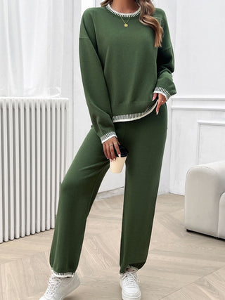 Shop Round Neck Dropped Shoulder Top and Pants Sweater Set - High-Quality U.S. Made Women’s Fashion with Free Fast Shipping