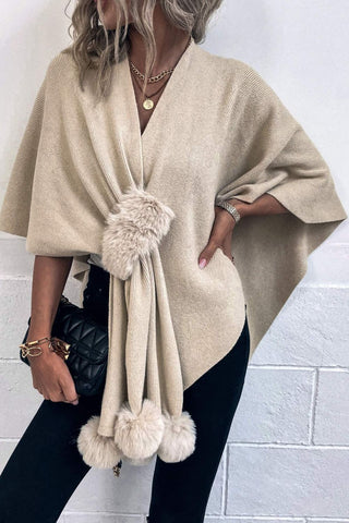 Shop Ivory One Size Surplice Neck Pom-Pom Trim Poncho - High-Quality U.S. Made Women’s Fashion with Free & Fast Shipping