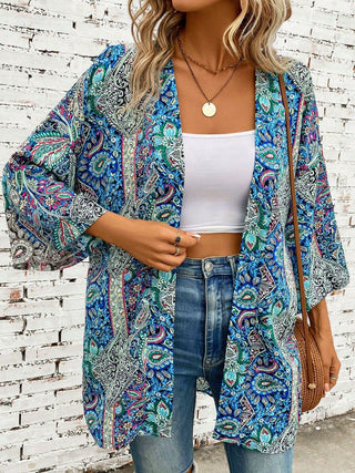 Shop Printed Open Front Three-Quarter Sleeve Cover Up - High-Quality U.S. Made Women’s Fashion with Free & Fast Shipping