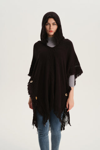 Shop Fringe Hem Hooded Poncho - High-Quality U.S. Made Women’s Fashion with Free Fast Shipping