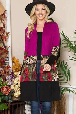 Shop Magenta Celeste Full Size Color Block Open Front Cardigan - High-Quality U.S. Made Women’s Fashion with Free & Fast Shipping