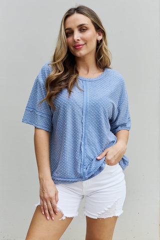 Shop Light Blue HOPELY Cater 2 You Swiss Dot Reverse Stitch Short Sleeve Top - High-Quality U.S. Made Women’s Fashion with Free & Fast Shipping