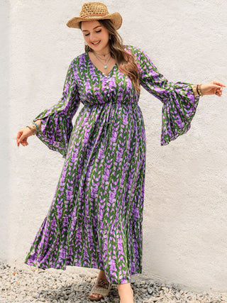 Shop Plus Size Printed V-Neck Long Sleeve Maxi Dress - High-Quality U.S. Made Women’s Fashion with Free & Fast Shipping