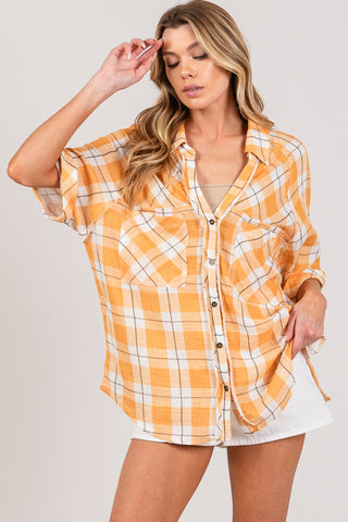 Shop SAGE + FIG Plaid Button Up Side Slit Shirt - High-Quality U.S. Made Women’s Fashion with Free & Fast Shipping