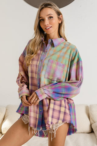 Shop BiBi Plaid Color Block Button Up Shirt - High-Quality U.S. Made Women’s Fashion with Free & Fast Shipping