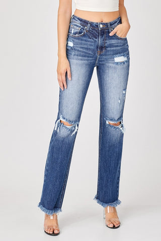 Shop Risen Full Size Raw Hem Distressed Straight Jeans - High-Quality U.S. Made Women’s Fashion with Free & Fast Shipping