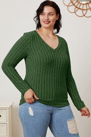 Shop Basic Bae Full Size Ribbed V-Neck Long Sleeve T-Shirt - High-Quality U.S. Made Women’s Fashion with Free & Fast Shipping