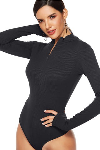 Shop Full Size Ribbed Half Zip Long Sleeve Bodysuit - High-Quality U.S. Made Women’s Fashion with Free & Fast Shipping