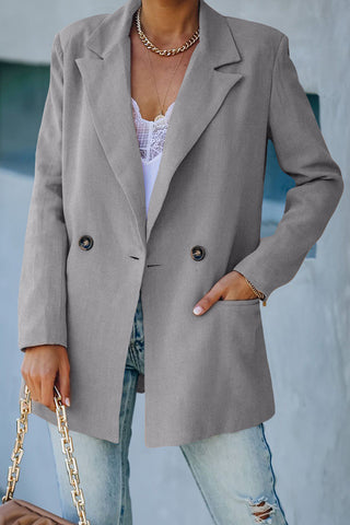 Shop Gray Double Take Double-Breasted Padded Shoulder Blazer with Pockets - High-Quality U.S. Made Women’s Fashion with Free & Fast Shipping