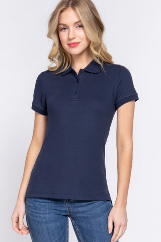 Shop NAVY ACTIVE BASIC Full Size Classic Short Sleeve Polo Top - High-Quality U.S. Made Women’s Fashion with Free & Fast Shipping