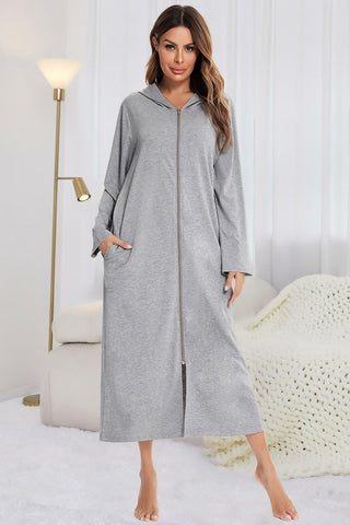 Shop Zip Front Hooded Night Dress with Pockets - High-Quality U.S. Made Women’s Fashion with Free Fast Shipping