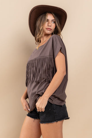 Shop Ces Femme Fringe Detail Round Neck Short Sleeve Top - High-Quality U.S. Made Women’s Fashion with Free & Fast Shipping