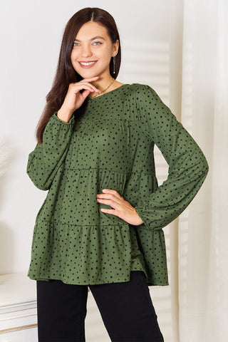 Shop Heimish Full Size Long Puff Sleeve Polka Tiered Top - High-Quality U.S. Made Women’s Fashion with Free & Fast Shipping