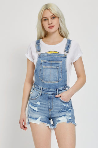 Shop RISEN Distressed Raw Hem Denim Overalls - High-Quality U.S. Made Women’s Fashion with Free Fast Shipping