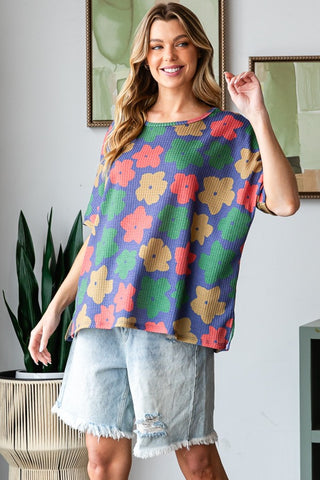 Shop HOPELY Full Size Floral Round Neck Side Slit T-Shirt - High-Quality U.S. Made Women’s Fashion with Free & Fast Shipping