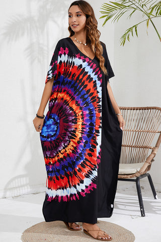 Shop Slit Printed V-Neck Short Sleeve Cover Up - High-Quality U.S. Made Women’s Fashion with Free & Fast Shipping