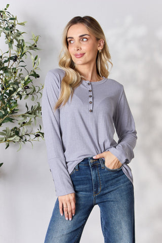 Shop Heimish Full Size Texture Half Button Long Sleeve Top - High-Quality U.S. Made Women’s Fashion with Free & Fast Shipping