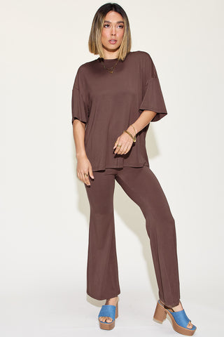 Shop Chocolate Basic Bae Full Size Bamboo Drop Shoulder T-Shirt and Flare Pants Set - High-Quality U.S. Made Women’s Fashion with Free & Fast Shipping