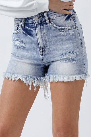 Shop ACID MEDIUM RISEN High Rise Acid Wash Denim Shorts - High-Quality U.S. Made Women’s Fashion with Free & Fast Shipping