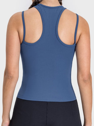 Shop Millennia Cutout Round Neck Racerback Active Tank - High-Quality U.S. Made Women’s Fashion with Free & Fast Shipping