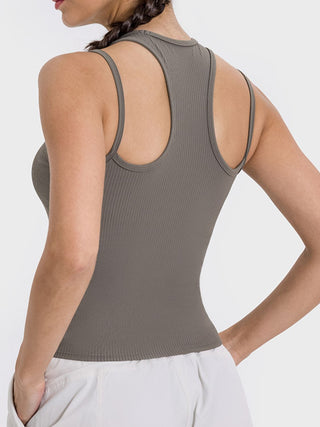 Shop Millennia Cutout Round Neck Racerback Active Tank - High-Quality U.S. Made Women’s Fashion with Free & Fast Shipping