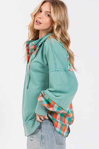 Shop SAGE + FIG Full Size Plaid Print Washed Hoodie - High-Quality U.S. Made Women’s Fashion with Free & Fast Shipping