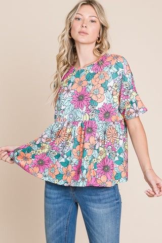 Shop BOMBOM Floral Round Neck Short Sleeve Blouse - High-Quality U.S. Made Women’s Fashion with Free & Fast Shipping