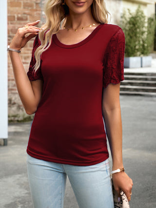 Shop Devine Lace Detail Round Neck Short Sleeve T-Shirt - High-Quality U.S. Made Women’s Fashion with Free Fast Shipping