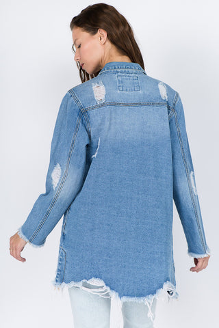 Shop American Bazi Distressed Frayed Hem Denim Jacket - High-Quality U.S. Made Women’s Fashion with Free & Fast Shipping