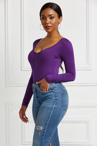 Shop Half Zip Scoop Neck Long Sleeve Bodysuit - High-Quality U.S. Made Women’s Fashion with Free & Fast Shipping