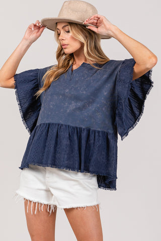 Shop Navy SAGE + FIG Ruffle Sleeve Washed Short Sleeve Blouse - High-Quality U.S. Made Women’s Fashion with Free & Fast Shipping