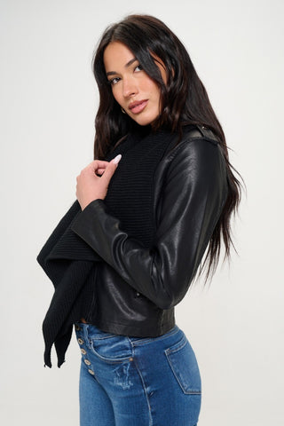 Shop Coalition LA Knit Collared Faux Leather Crop Jacket - High-Quality U.S. Made Women’s Fashion with Free & Fast Shipping