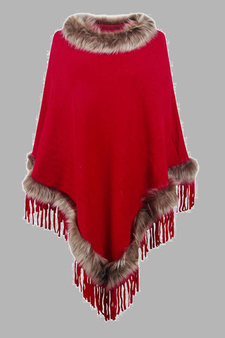 Shop Deep Red One Size Faux Fur Trim Fringed Poncho - High-Quality U.S. Made Women’s Fashion with Free & Fast Shipping