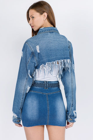 Shop American Bazi Distressed Denim Jacket with Frayed Hem - High-Quality U.S. Made Women’s Fashion with Free & Fast Shipping