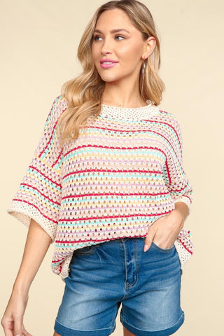 Shop Haptics Striped Crochet Drop Shoulder Knit Top - High-Quality U.S. Made Women’s Fashion with Free & Fast Shipping