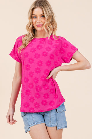 Shop Fuchsia BOMBOM Textured Floral Pattern Short Sleeve T-Shirt - High-Quality U.S. Made Women’s Fashion with Free & Fast Shipping