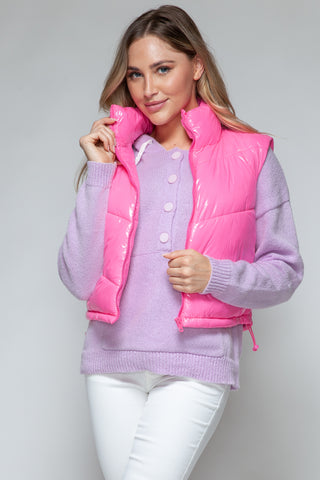 Shop Hot Pink Snobbish Zip Up Turtleneck Shiny Quilted Vest - High-Quality U.S. Made Women’s Fashion with Free & Fast Shipping