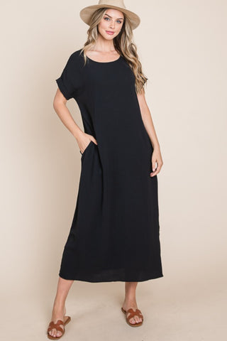 Shop BOMBOM Round Neck Short Sleeve Midi Dress with Pockets - High-Quality U.S. Made Women’s Fashion with Free & Fast Shipping