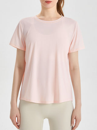 Shop Blush Pink Slit Round Neck Short Sleeve Active T-Shirt - High-Quality U.S. Made Women’s Fashion with Free & Fast Shipping