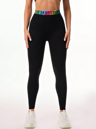 Shop Black Letter Printed High Waist Active Leggings - High-Quality U.S. Made Women’s Fashion with Free & Fast Shipping